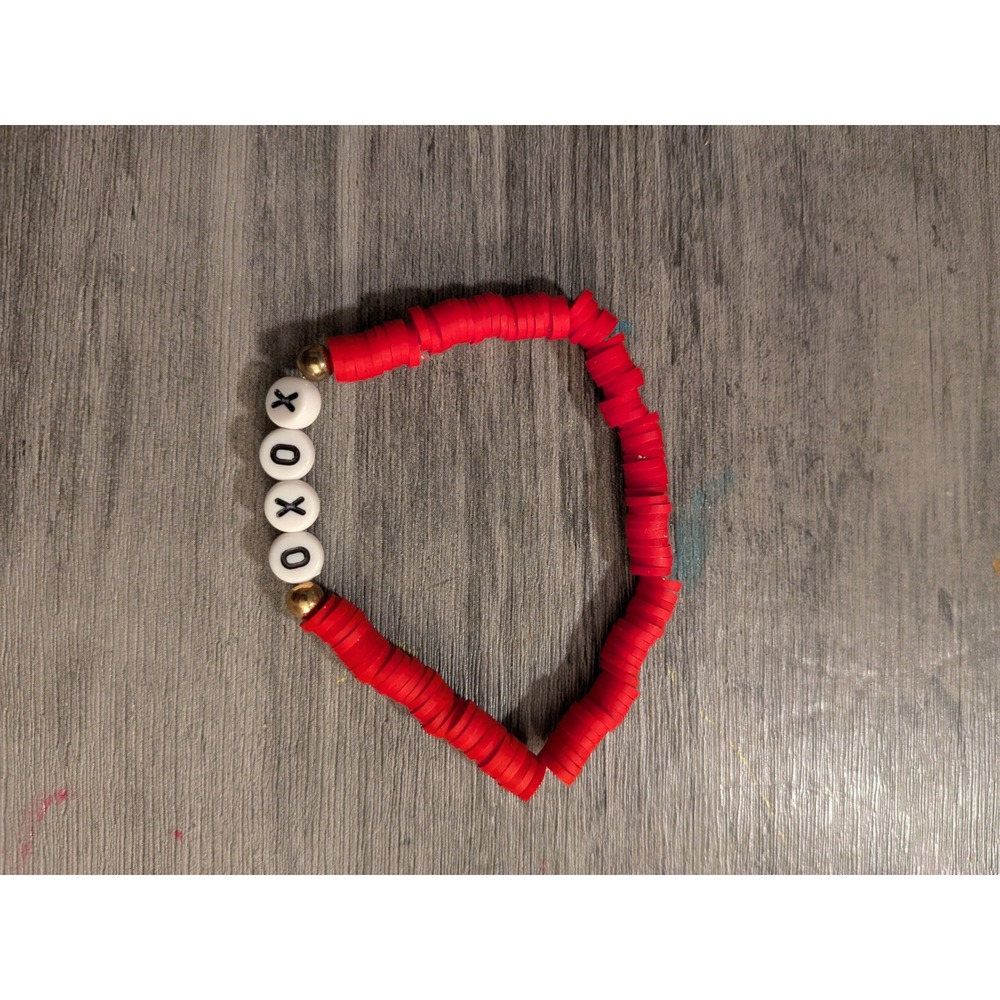 Handmade Red Heishi Bead XOXO Stretch Bracelet Gold Accent‎ Valentine Jewelry